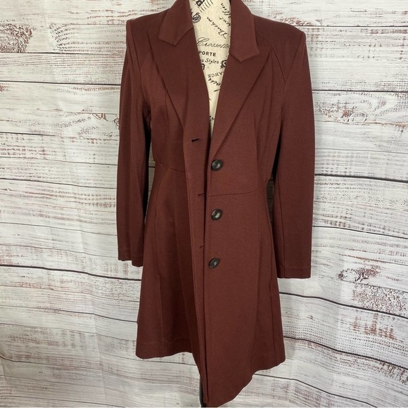 CABI BOSS 3 BUTTON MAROON LONG SLEEVE BLAZER LONG PEA COAT FALL JACKET - Picture 2 of 13